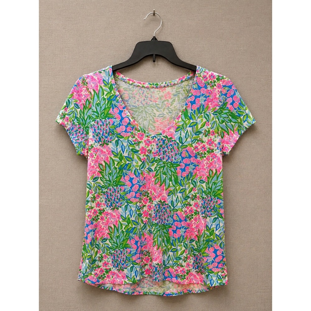 Lilly Pulitzer Womens T-Shirt M Pink Blue Etta V-Neck Floral Pineapple Print